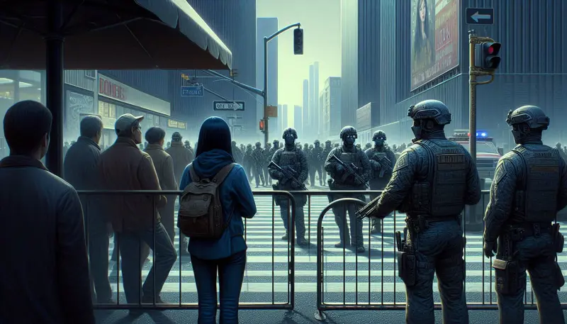Een checkpoint in het centrum van een moderne stad zoals Los Angeles, met gewapende en gemaskerde agenten.