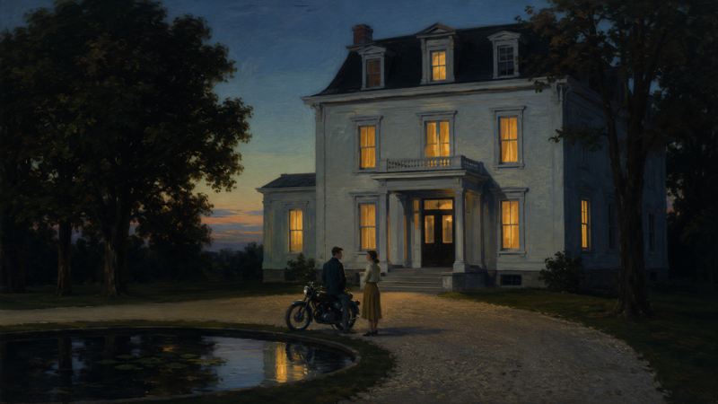 Een door ChatGPT gegenereerde afbeelding, in de stijl van Edward Hopper, van een mooi maar oud vrijstaand en groot wit huis. Je ziet een jongen en een meisje, die naast een motor staan en in gesprek zijn.