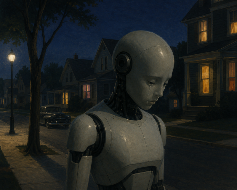 Een robot die in de jaren 50 in een verlaten straat door een woonwijk loopt. De robot heeft tranen in haar ogen. De AI-afbeelding is in Edward Hopper-stijl.